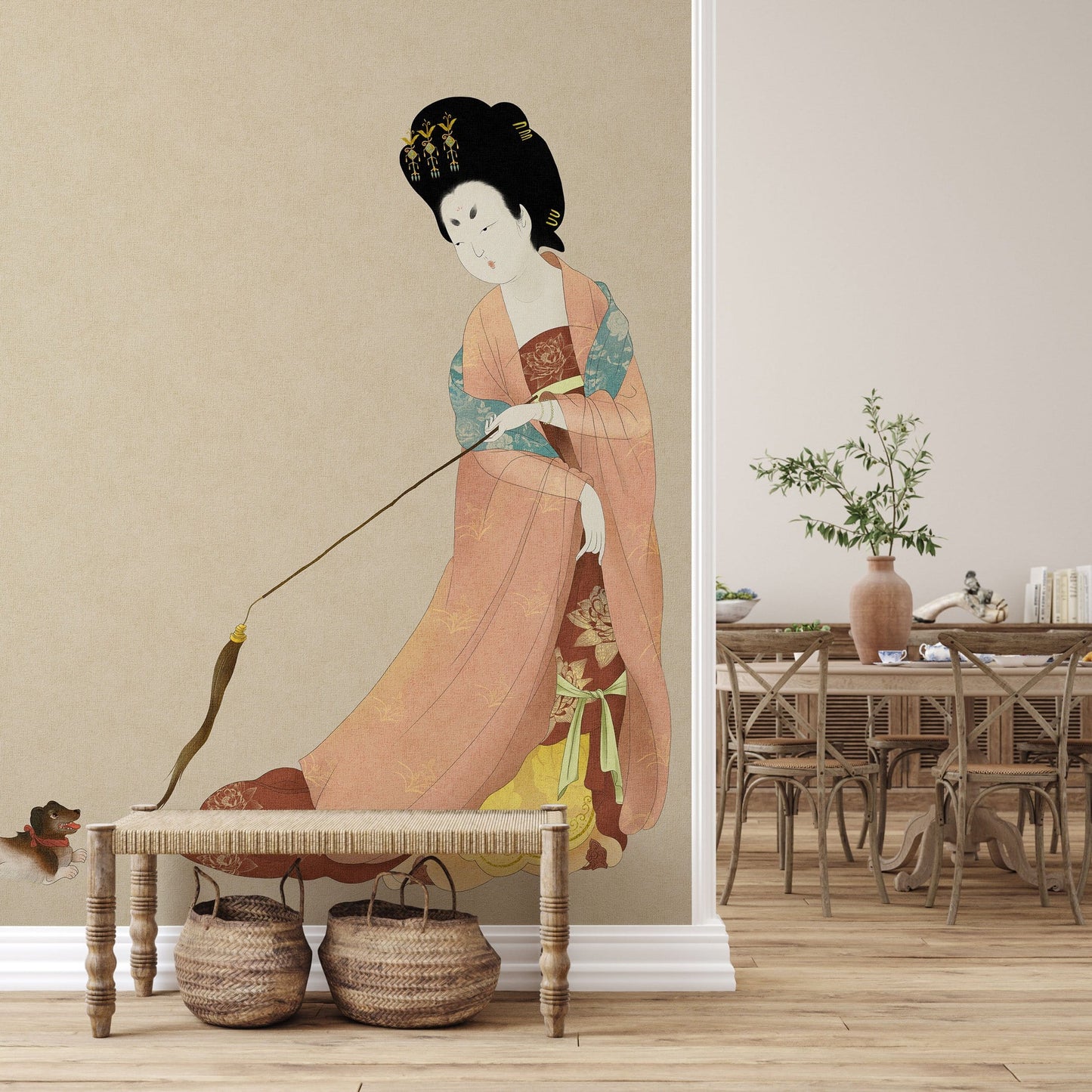 Elegant Japanese Geisha Art Mural Wallpaper in dining room