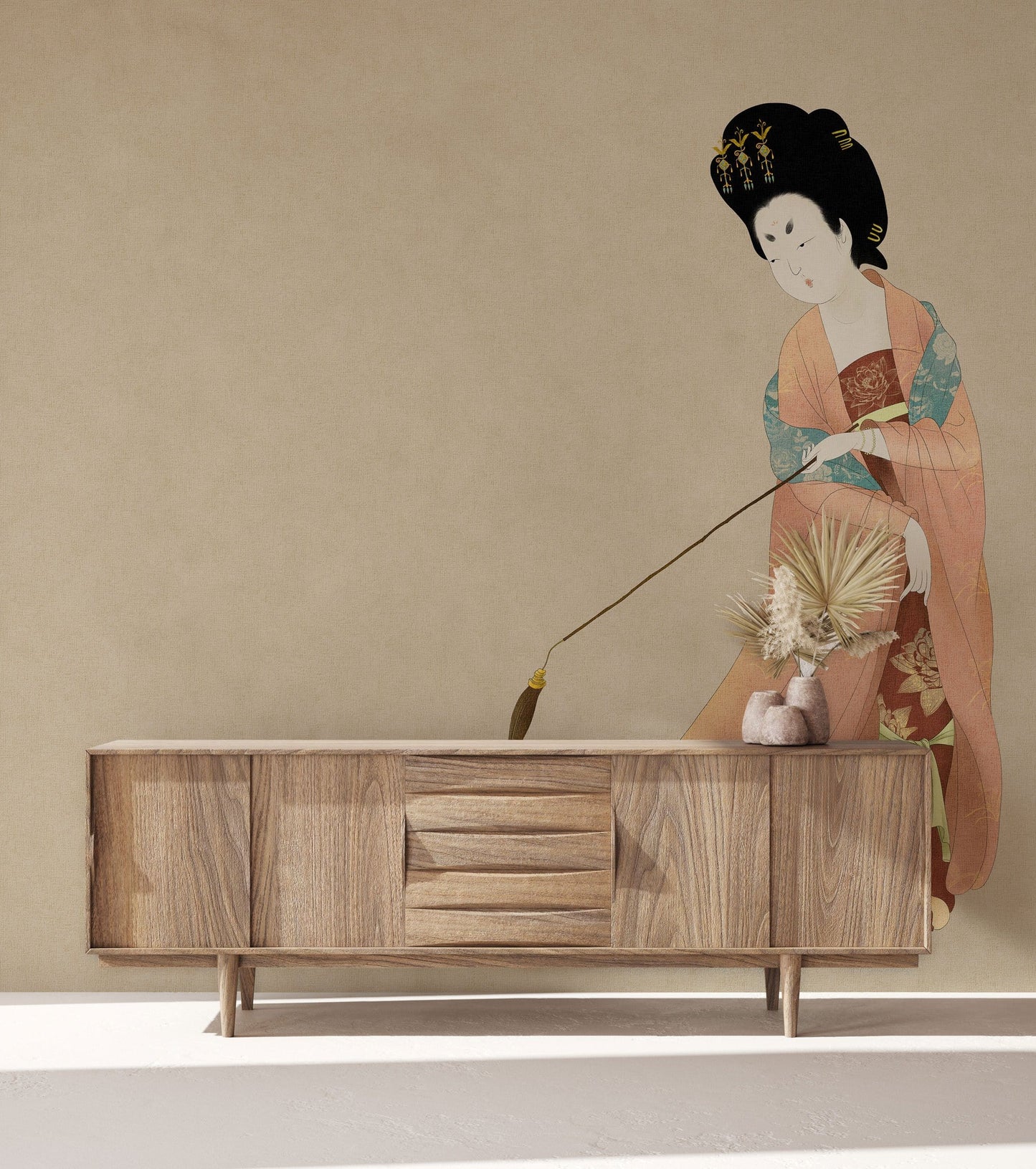 Elegant Japanese Geisha Art Mural Wallpaper in living room