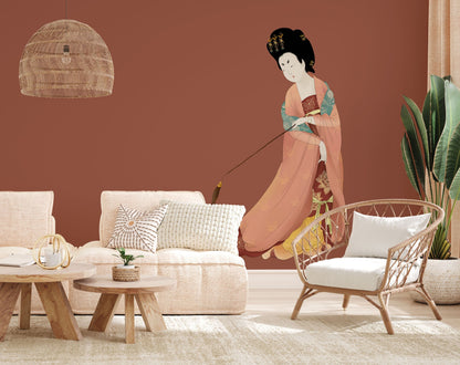 Elegant Japanese Geisha Art Wall Mural in living room