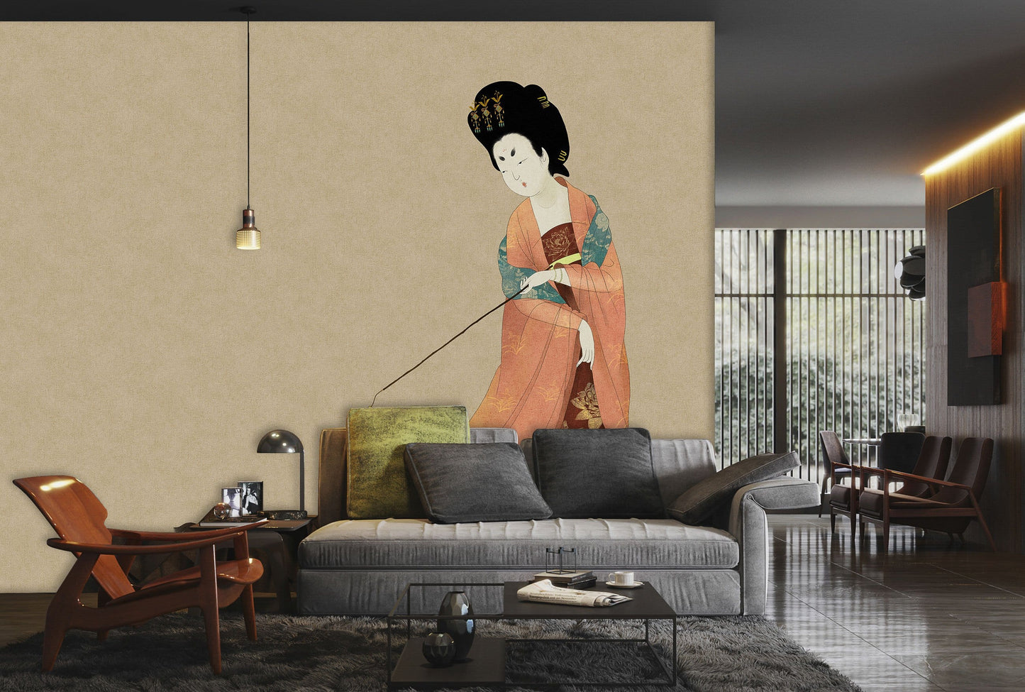 Elegant Japanese Geisha Art Mural Wallpaper in living room