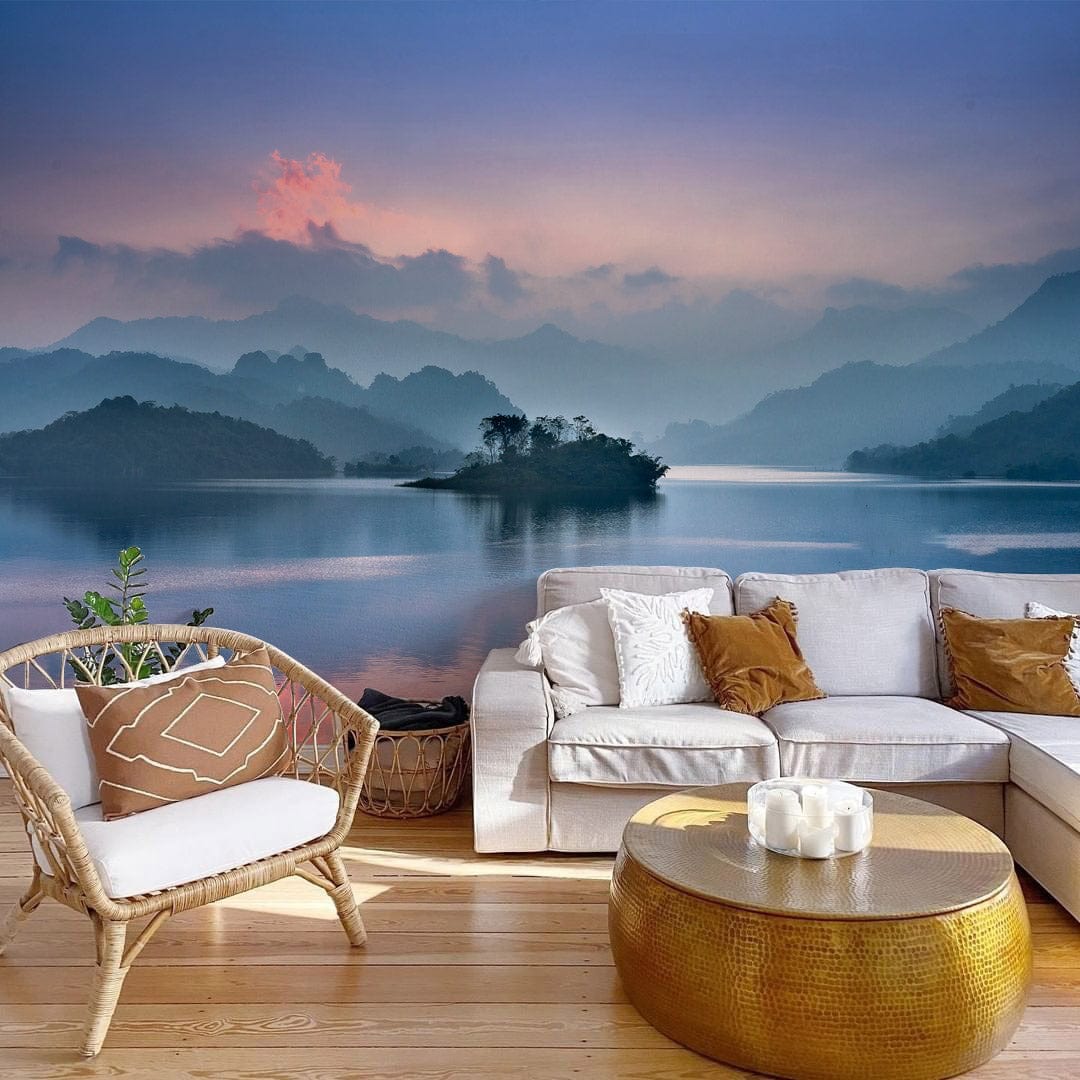 ombre misty mountains lake mural decoration