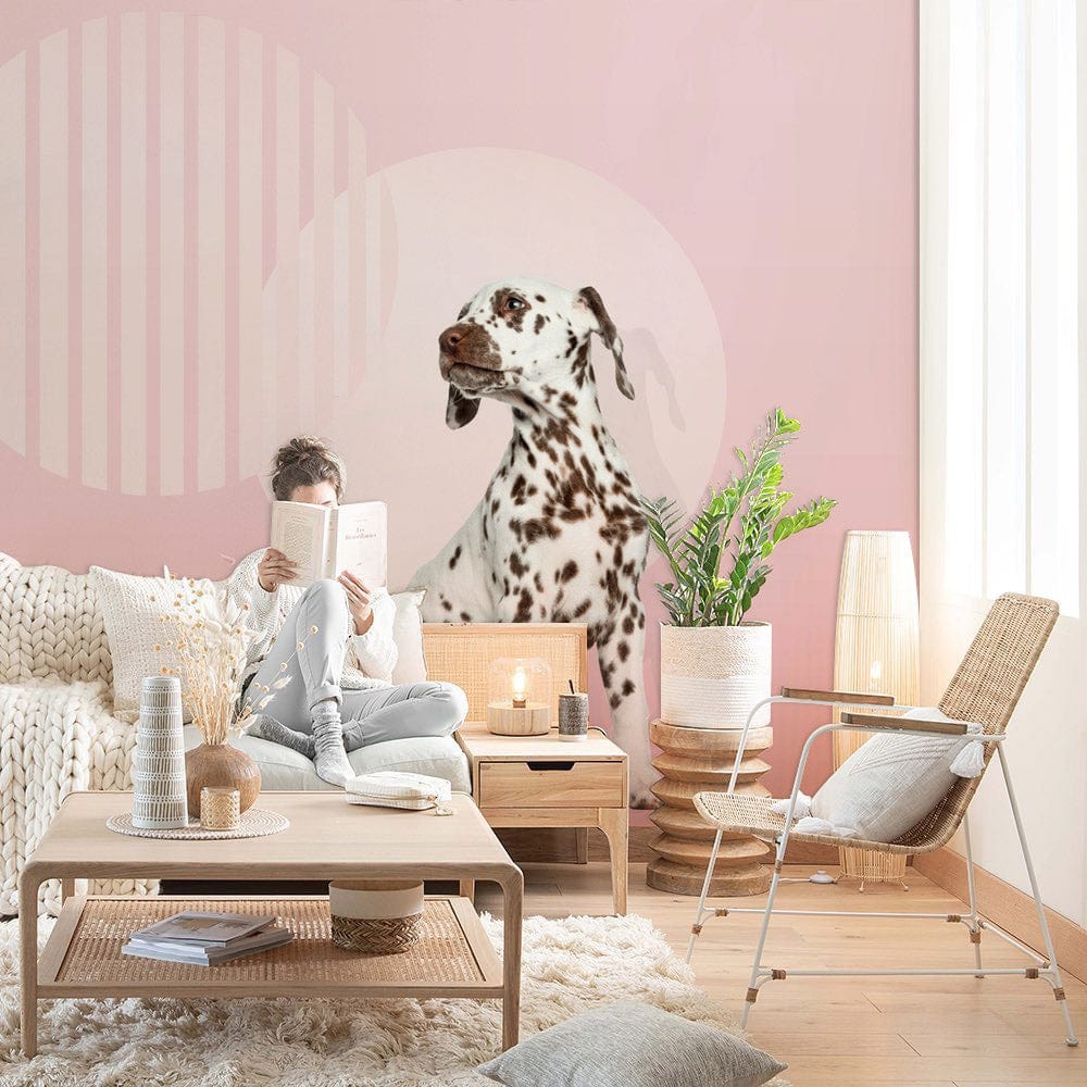 living room wall murals of an inquisitive spotted dog