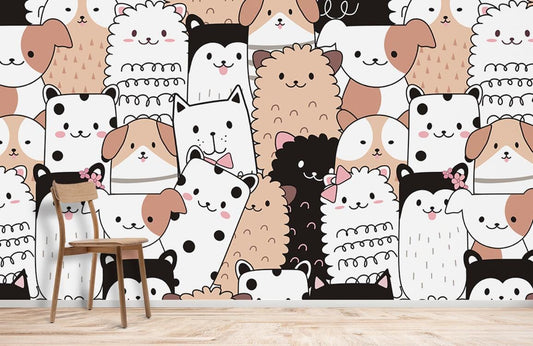 Animals of various kinds are shown on a mural wallpaper.