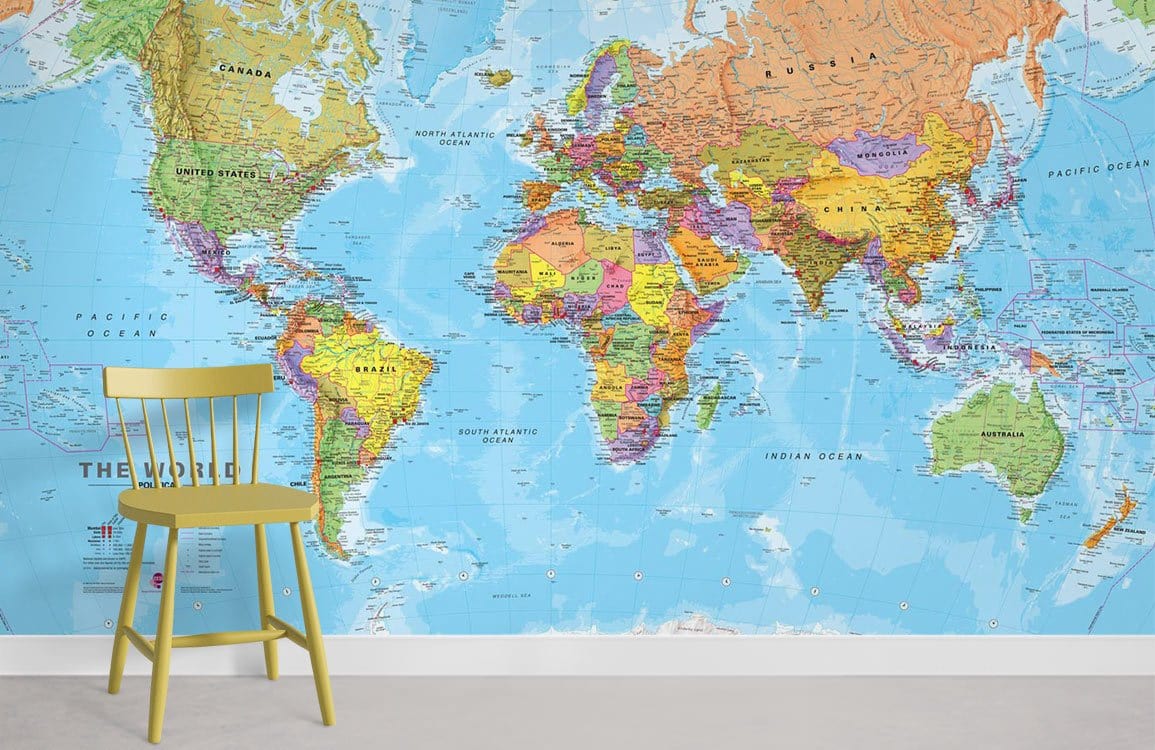 Colorful World Map Educational Wall Mural Wallpaper in study room