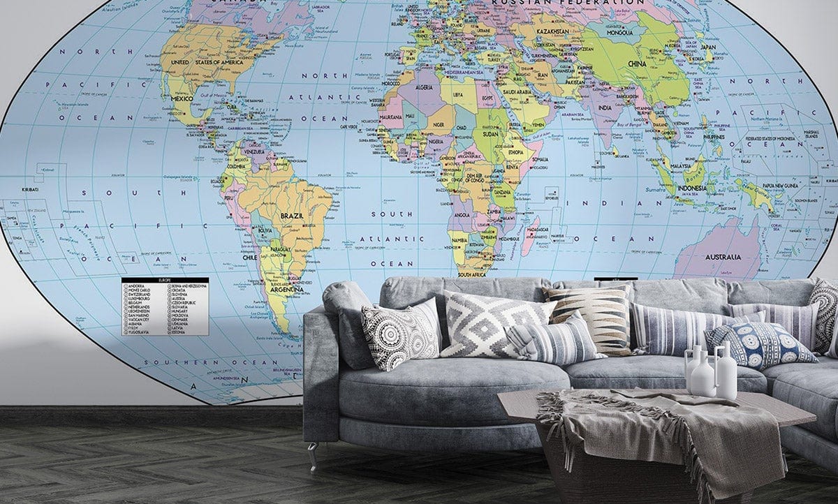 Colorful Modern World Map Mural Wallpaper in living room