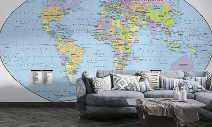Colorful Modern World Map Mural Wallpaper in living room