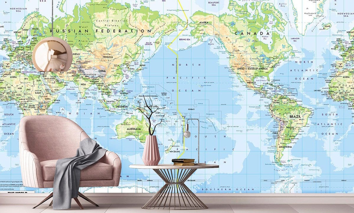 Pacific Centered World Map Mural Wallpaper in living room