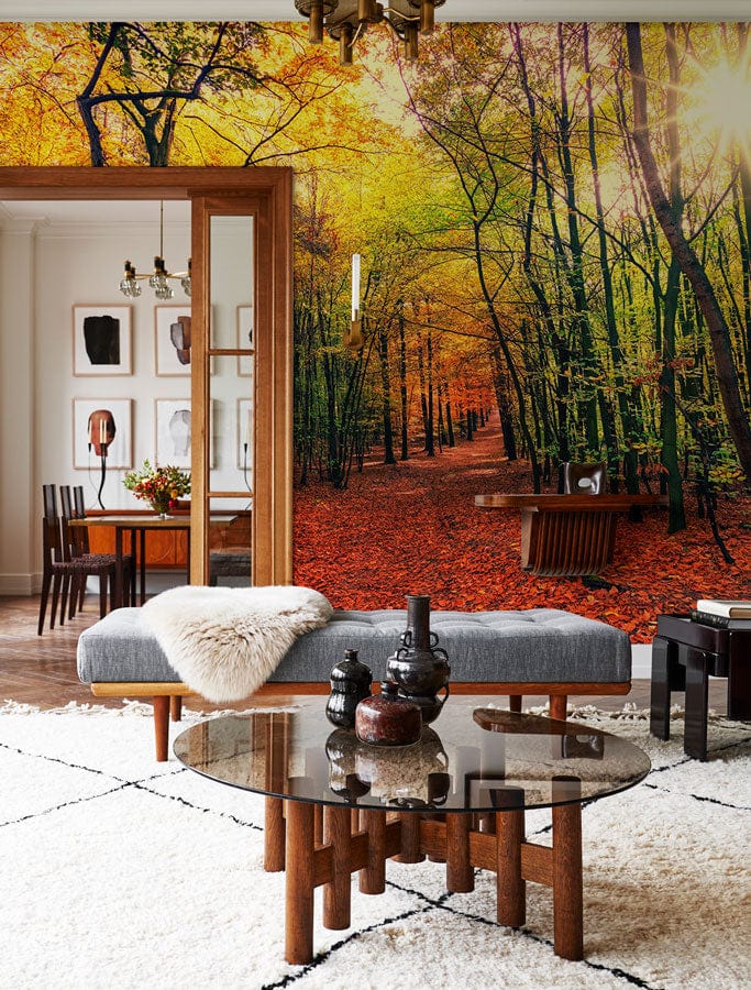 Wall Mural Wallpaper with a Leafy Forest Scene in Maple Leaves, a Lovely Design Option for the Family Room