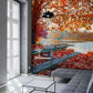 Wallpaper Mural for Living Room Decoration Featuring Maple Trees and a Lake Scenery.