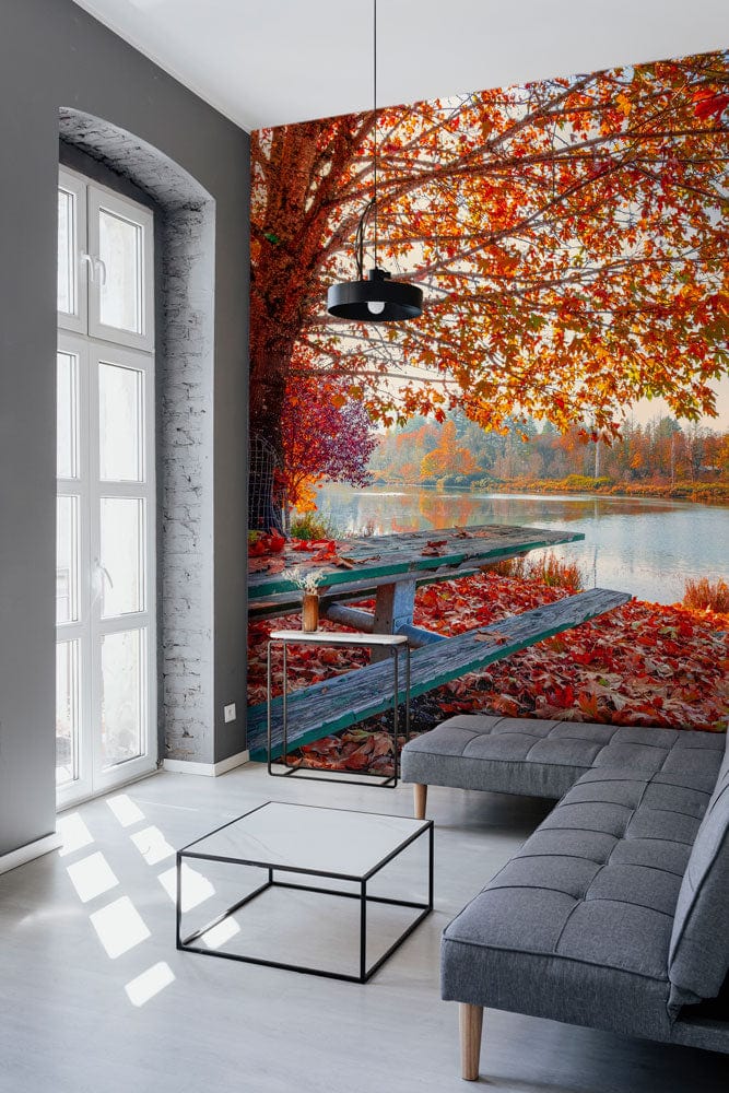 Wallpaper Mural for Living Room Decoration Featuring Maple Trees and a Lake Scenery.