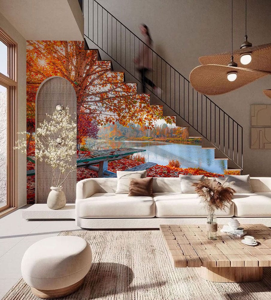 Wallpaper mural with a scene of maple trees and a lake, perfect for decorating a living room.