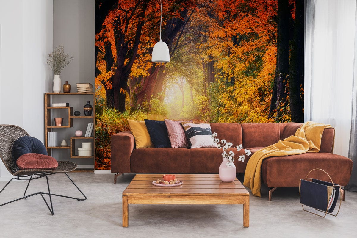 Wallpaper mural featuring a scene of maple woods arches, perfect for decorating the living room.