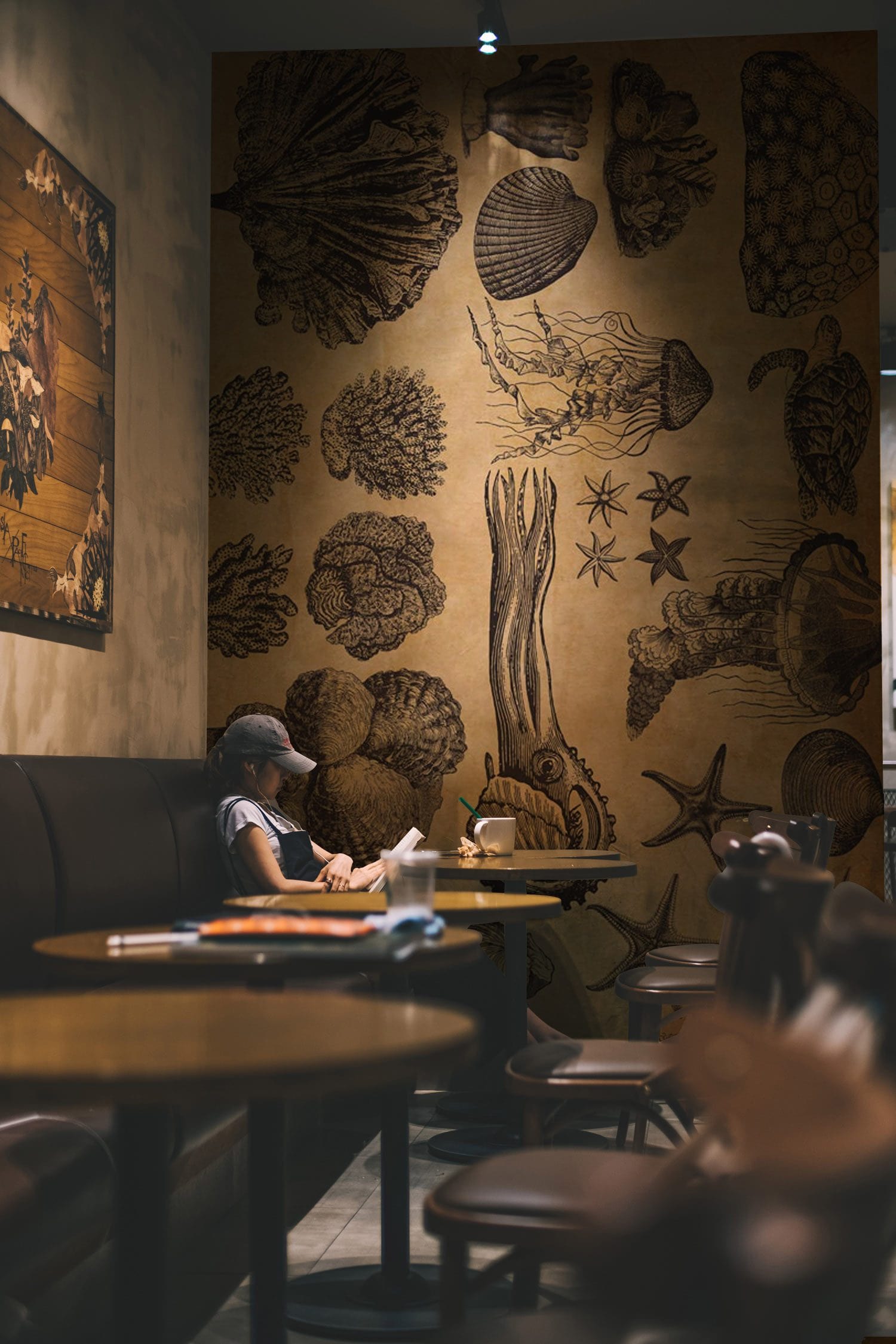 Wallpaper mural featuring vintage marine life for use in decorating restaurants.