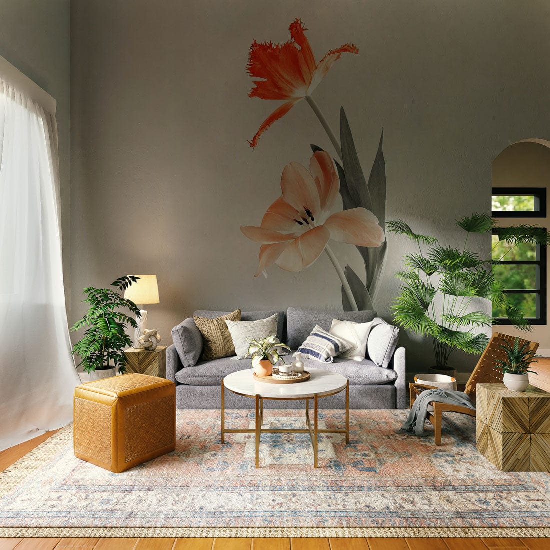 Wallpaper mural with matching lilies for use in decorating the living room