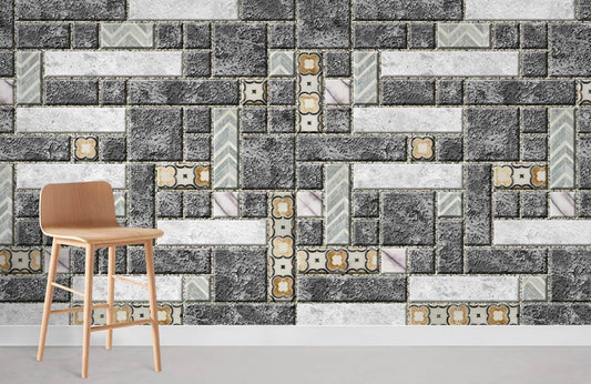 gray and flower maze tile texture wall mural  for room