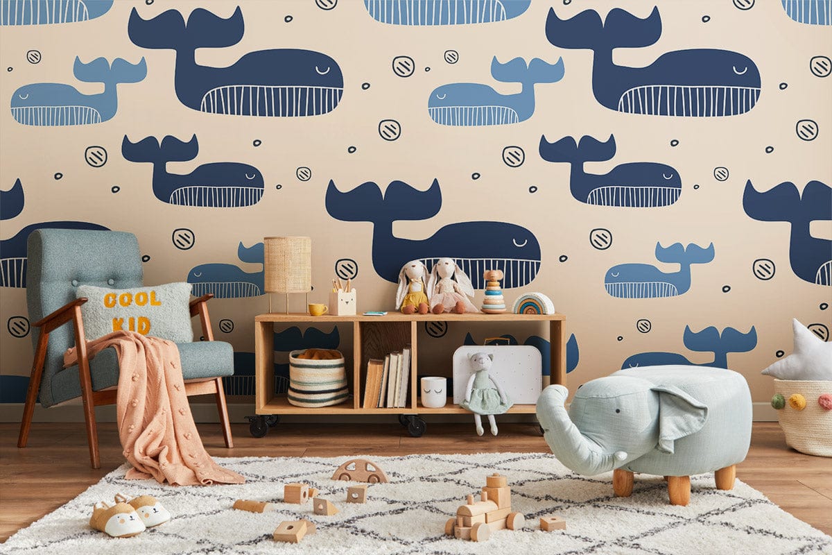 Whale Blue Cartoon Animal Wallpaper For Kid's Room
