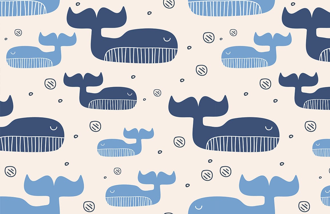Whimsical Blue Whale Kids Mural Wallpaper