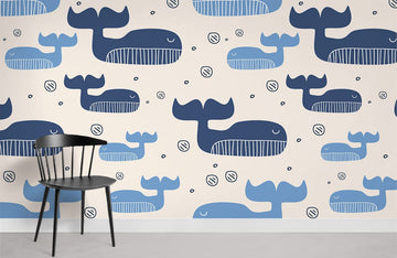 Whimsical Blue Whale Kids Mural Wallpaper