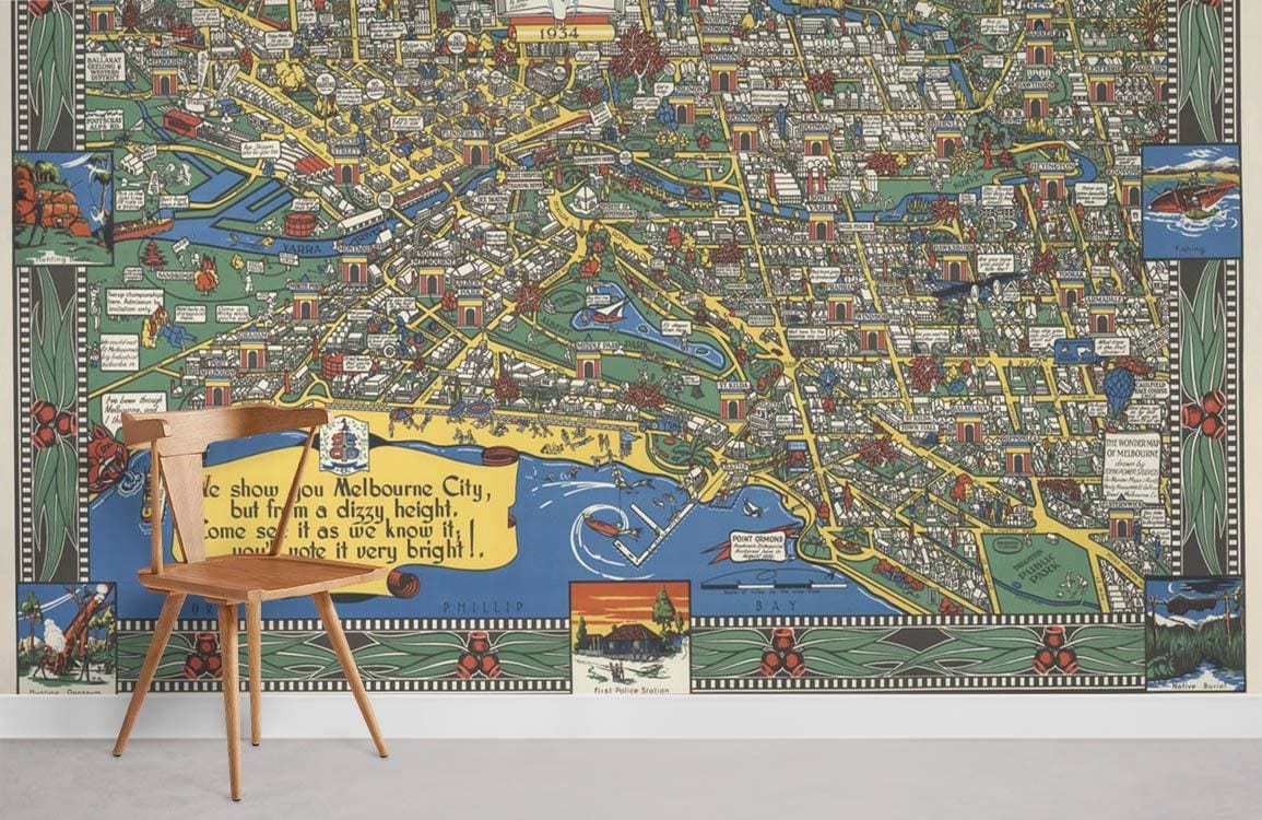 Vintage Illustrated Melbourne Map Mural Wallpaper in cannot be determined