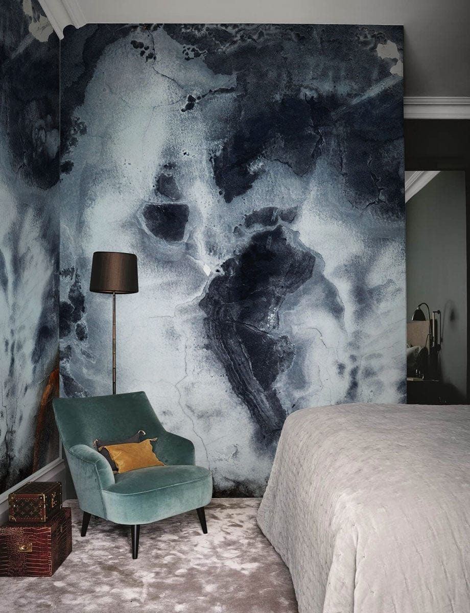 Wallpaper mural featuring melting ink paint for use as a bedroom decoration.