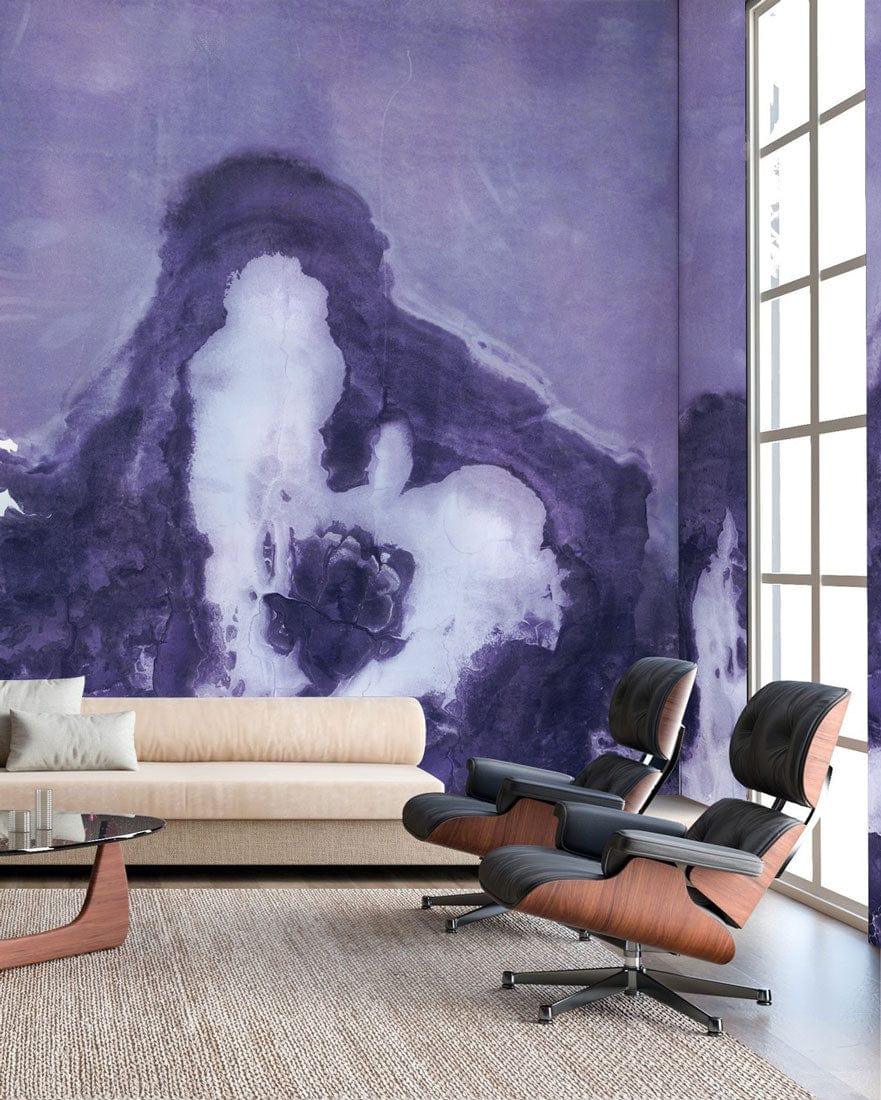 Wallpaper Mural for Living Room Decoration Featuring Melting Purple and White Marble