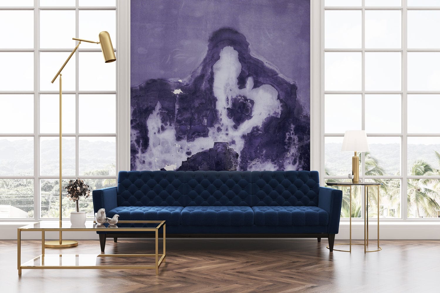 Decorative Wallpaper Mural in Melting Purple and White Marble for the Living Room