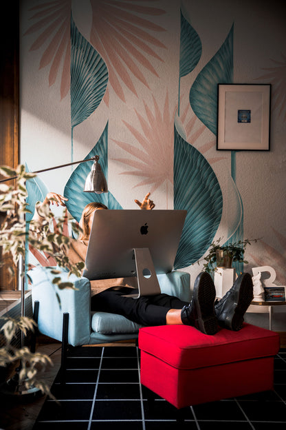 Tropical Teal Leaf Botanical Mural Wallpaper in living room