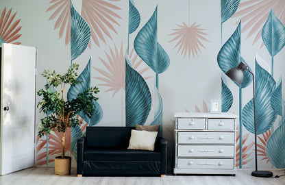Tropical Teal Leaf Botanical Mural Wallpaper in Living room.