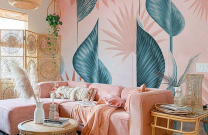 Tropical Teal Leaf Botanical Mural Wallpaper in living room