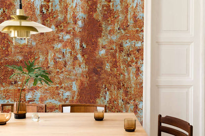 Rustic Industrial Corroded Metal Mural Wallpaper in dining room