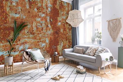 Rustic Industrial Corroded Metal Mural Wallpaper in living room