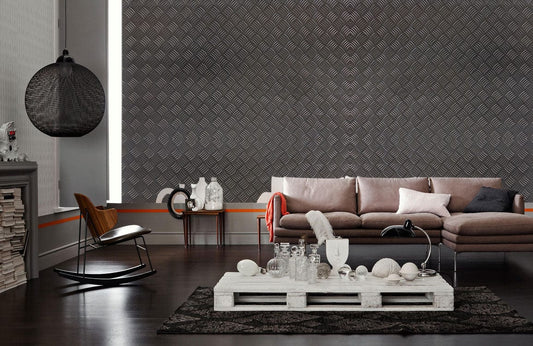 Geometric Herringbone Pattern Mural Wallpaper in living room
