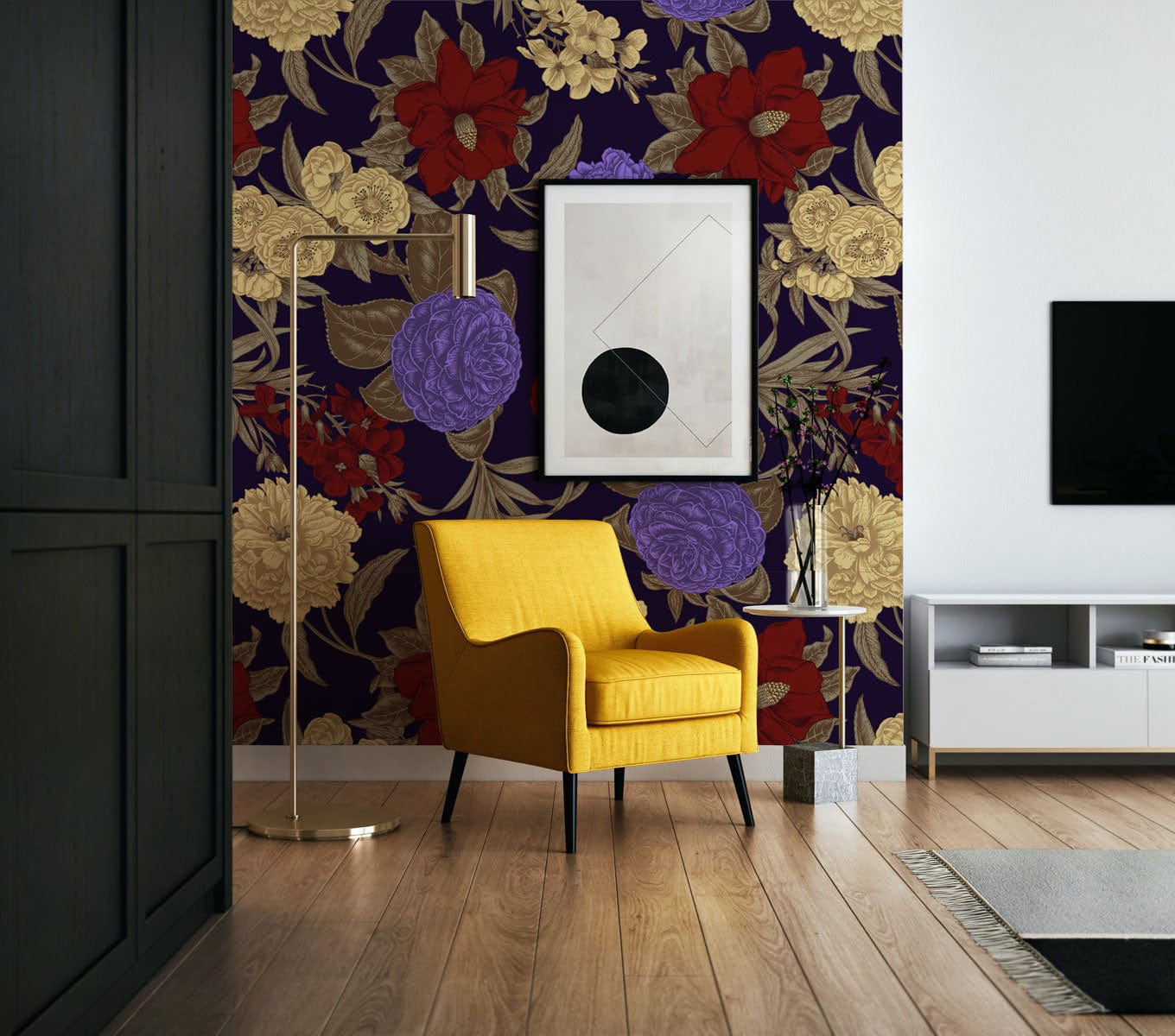 Wallpaper mural featuring metallic royal flowers for use as decoration in hallways