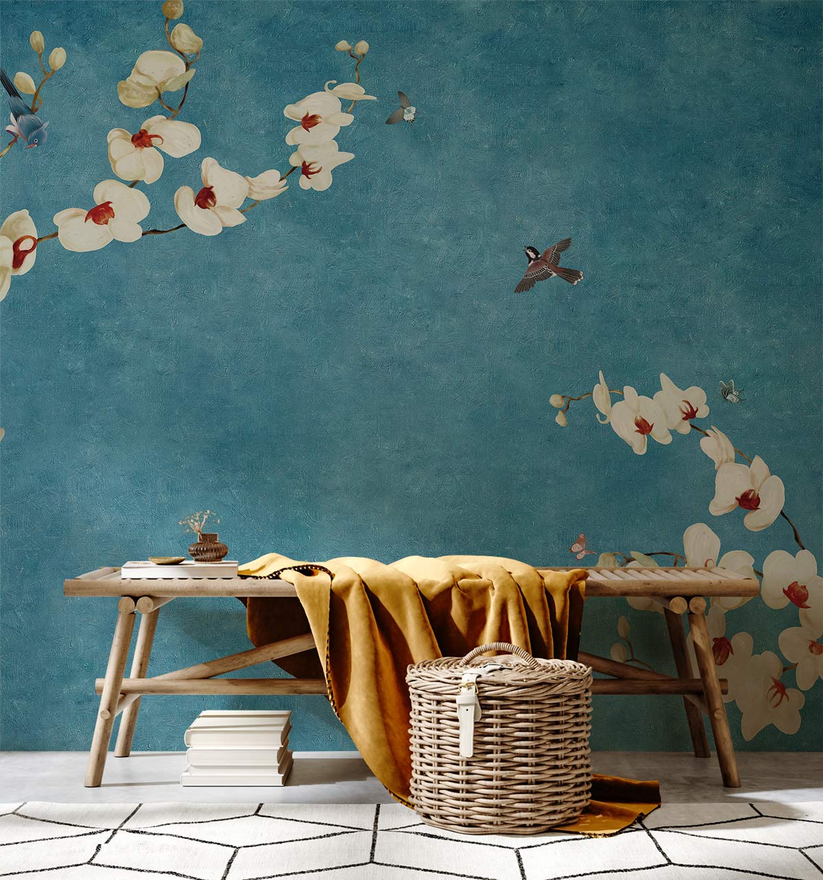 Retro Michelia Alba Flower Wall Mural Design