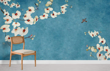 Elegant Blue Floral Watercolor Mural Wallpaper