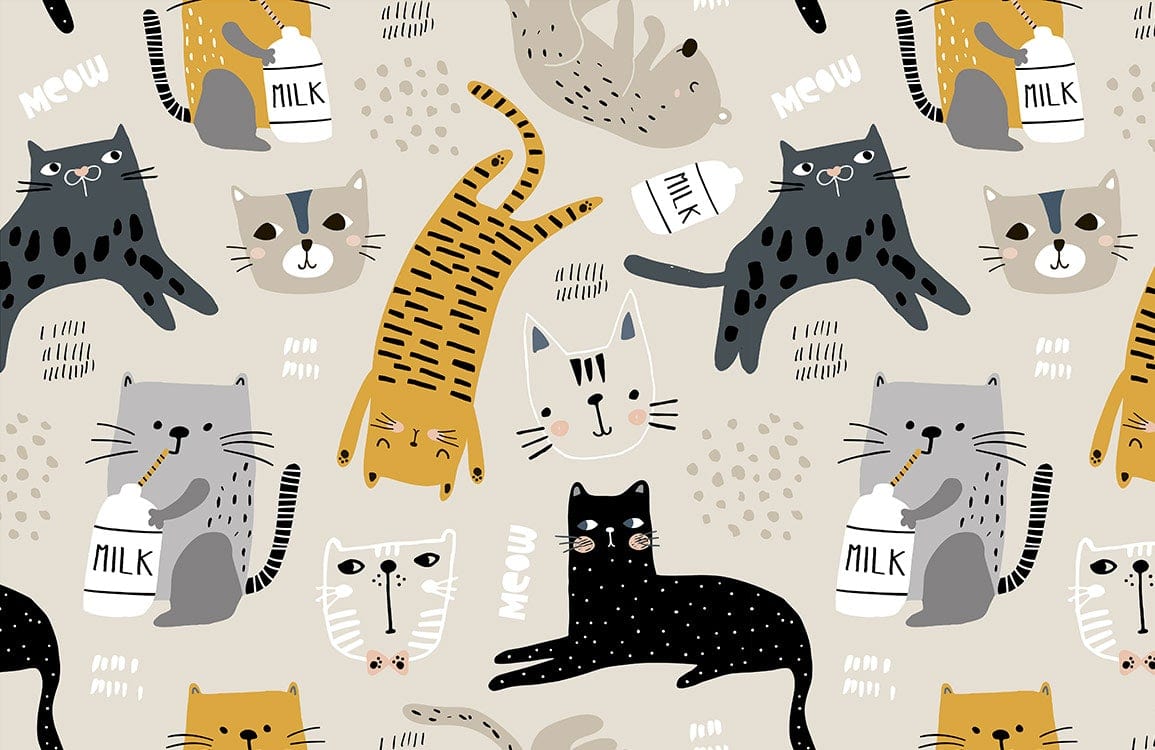Playful Cat Pattern Nursery Mural Wallpaper