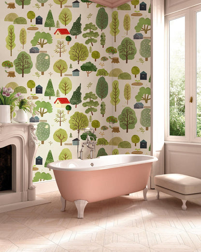 Green Whimsical Forest Pattern Mural Wallpaper in bathroom