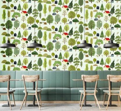 Green Whimsical Forest Pattern Mural Wallpaper in cafe or restaurant