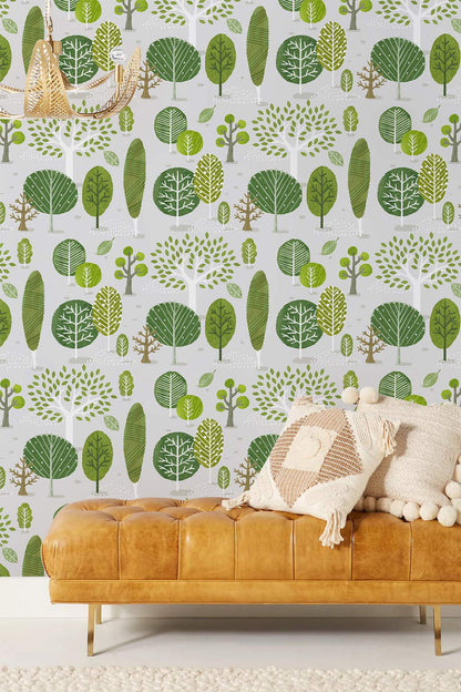Green Botanical Forest Pattern Mural Wallpaper in living room