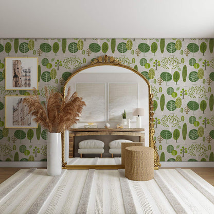 Green Botanical Forest Pattern Mural Wallpaper in living room