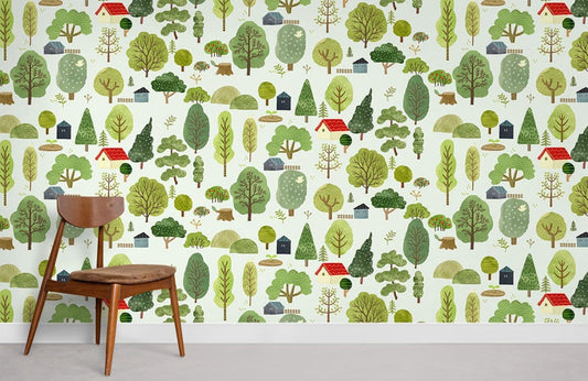 Green Whimsical Forest Pattern Mural Wallpaper