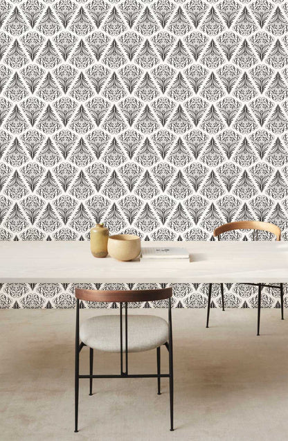 Elegant Black and White Damask Mural Wallpaper