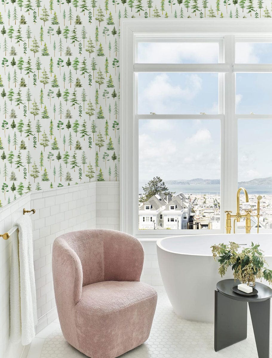 Botanical Forest Pattern Mural Wallpaper in bathroom