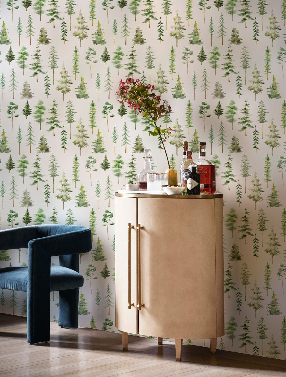 Botanical Forest Pattern Mural Wallpaper in living room