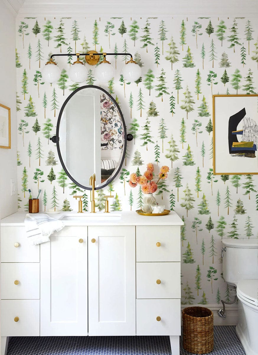 Botanical Forest Pattern Mural Wallpaper in bathroom