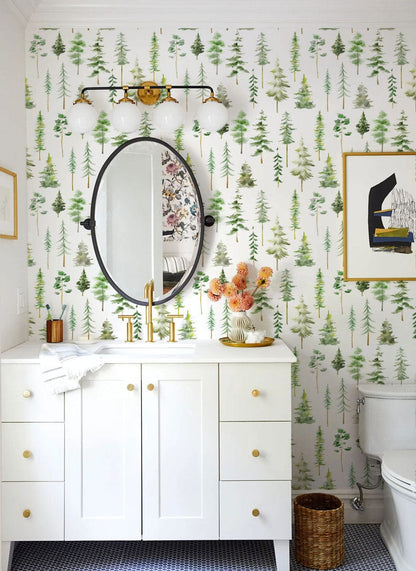 Botanical Forest Pattern Mural Wallpaper in bathroom