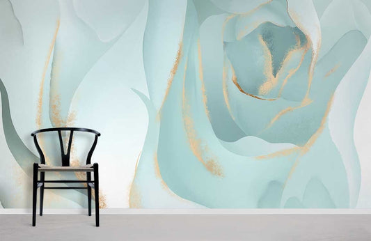 Aqua Gold Floral Abstract Mural Wallpaper