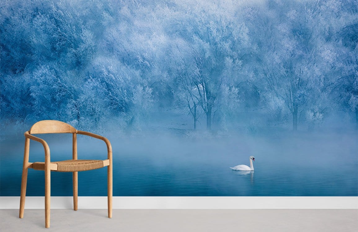 Serene Blue Swan Lake Mural Wallpaper