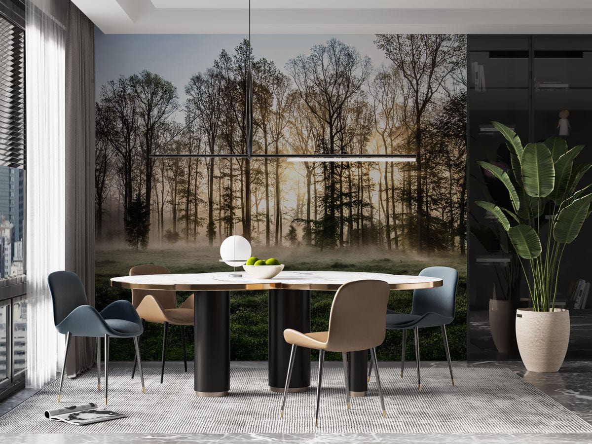 The dining room would look great with a wallpaper mural of a misty forest at dawn