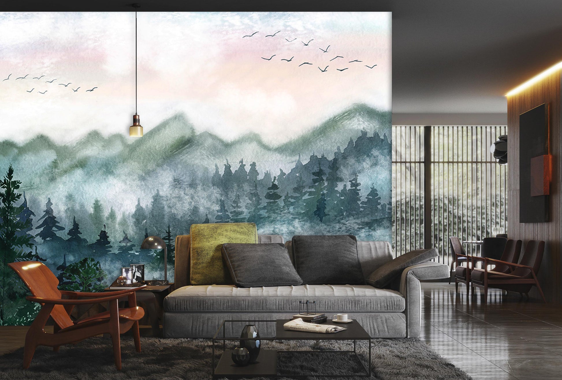 wallpaper mural of a misty woodland for use in decorating the living room